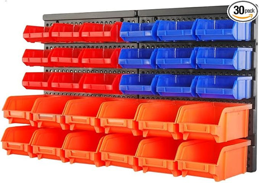 HORUSDY Wall Mounted Storage Bins Parts Rack 30PC Organizer Garage Plastic Shop Tool for Men's Gift, Blue,Orange,Red