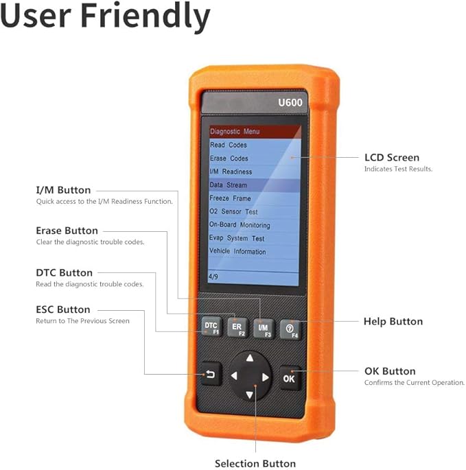 Launch U600 All System OBD2 Diagnostic Scan Tool Automotive Code Scanner for Check Engine/ABS/SRS/Transmission/DPF/EPB Steering Angle Reset, Black,Orange, Small (301050443)