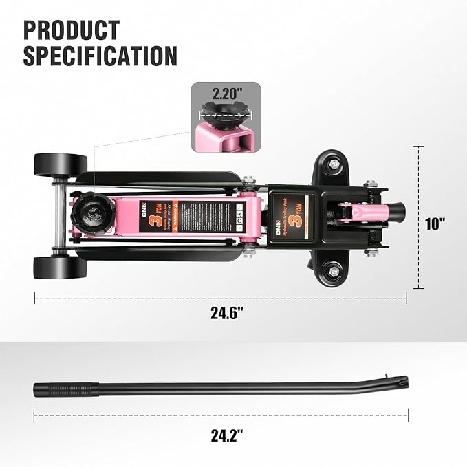 DNA MOTORING 3 Ton Low Profile Floor Jack, 3 tons (6000 lbs) Capacity Fast Lift Hydraulic Trolley Service/Floor Jack, 7.7 "-21" Lifting Range, Pink, TOOLS-00674-PK