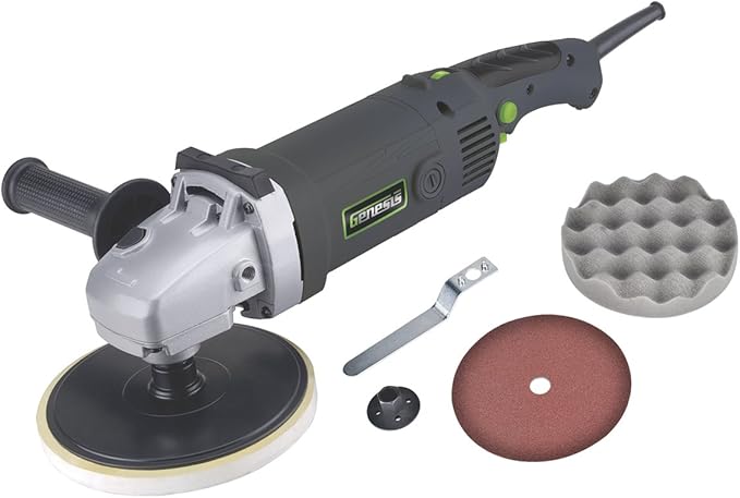 Genesis GSP1711 11 Amp 7" Variable Speed Sander/Polisher with Foam Polishing Pad, Hook and Loop Backer Pad, Sanding Disc, Rubber Backing Pad and Dual-Position Assist Handle