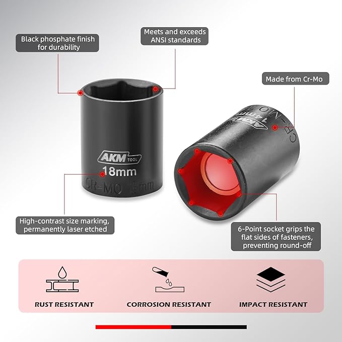 3/8 Inch Drive 15mm Magnetic Impact Socket Set, 1 PCS Metric, 6 Point, Cr-Mo, Square Drive, Magnetic Socket