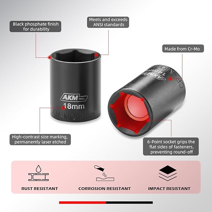3/8 Inch Drive 18mm Magnetic Impact Socket Set, 1 PCS Metric, 6 Point, Cr-Mo, Square Drive, Magnetic Socket