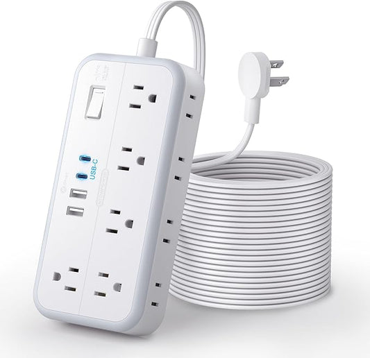 Flat Extension Cord 25 FT, NTONPOWER Surge Protector Power Strip, 10 Widely Spaced Outlets with 4 USB Ports (2 USB C), 3 Side, Overload Protection, 2700J, Wall Mount, White