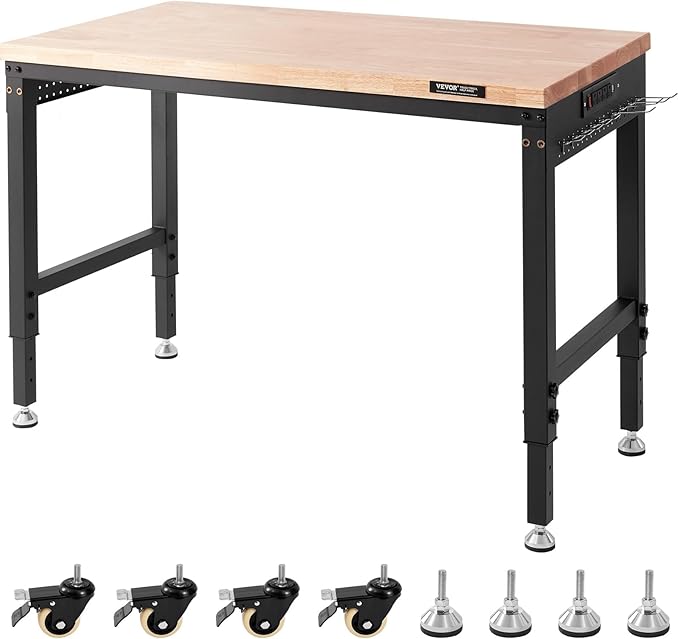 VEVOR Adjustable Workbench, 48" L X 24" W Garage Worktable with Universal Wheels, 28-39.5" Heights & 2000 LBS Load Capacity, with Power Outlets & Hardwood Top & Storage & Foot Pads, for Office Home