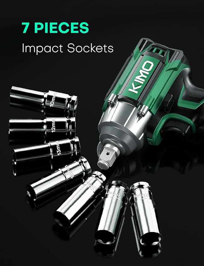 KIMO Cordless Impact Wrench, 550N.m/406ft-lbs, 7Sockets,3Inch Extension Bar, High Torque Impact Brushless Wrench with 3/8" Chuck, 3000 RPM, 3000mAh Li-ion Battery, Charger, Power Impact Wrench for Car