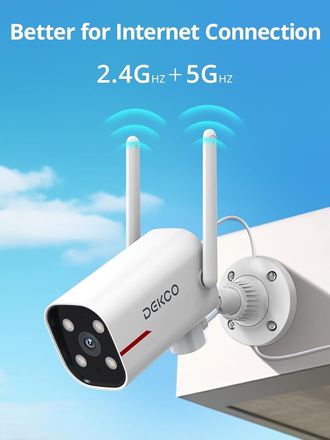 DEKCO 4 Pack Wired Home Camera Outdoor with 2K Color Night Vision, Pan Rotating 180° Security Cameras Support 24/7 Recording, 2.4&5G WiFi, AI Human Auto Tracking, Work with Alexa/Google Assistant