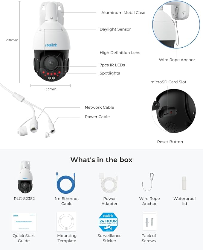 REOLINK RLC-823S2, Smart 4K/8MP UHD PTZ Dome Security Camera with Cutting-Edge 16X Optical Zoom and 3D Zoom, Spotlights Color Night Vision, Person/Vehicle/Animal Detection, 2 Way Talk, 24/7 Recording