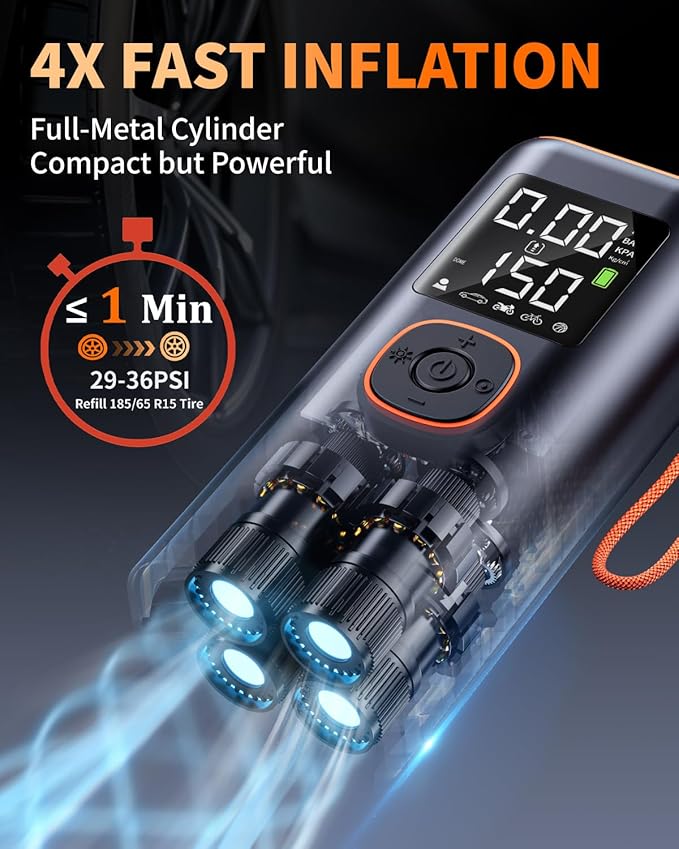 Tire Inflator Portable Air Compressor, 150PSI Electric Air Pump for Car Tires with Tire Pressure Gauge, Auto Shutoff, 5 Modes, LED Light, Rechargeable Car Tire Pump for Car, Motorcycle, Bike, Ball