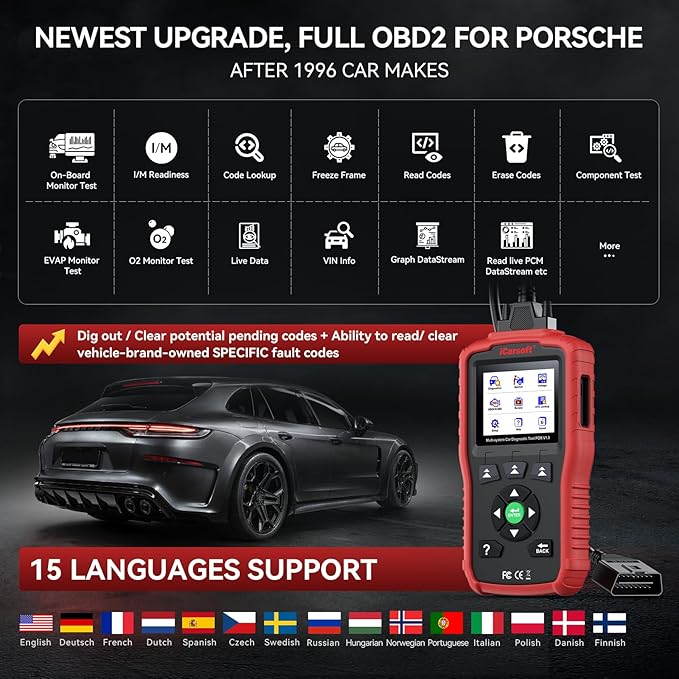 iCarsoft OBD2 Scanner POR V1.0 for Porsche/Cayenne/Macan/911, All System Diagnostic Tool Oil/SAS Reset Battery Test 10 OBD2/EOBD Modes CAN Car Scan Code Reader/ECU Coding/DTC/Live Data/Freeze Frame