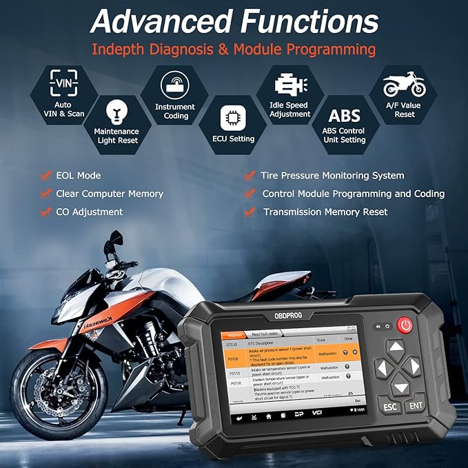 OBDPROG Moto 100 Motorcycle Scanner, Motorcycle All System Diagnostic Tool for Ducati KTM Triumph Yamaha Honda Automotive OBD Code Reader, 30+ Services Reset, Unlimited Auto VINs, 5.0 Touch Screen