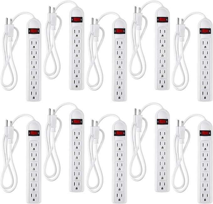 Hoteam 10 Pcs Power Strip Bulk 6 Outlet Surge Protector Power Cord Electrical Extension Cord with Switch Low Profile Plug Flat for Home Office(8.2 ft,White)