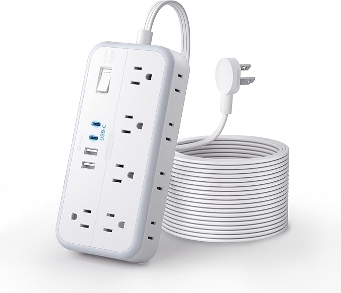 Flat Extension Cord 15 FT, NTONPOWER Surge Protector Power Strip with 10 Widely Outlets 4 USB Ports (2 USB C), 3 Side, Overload Protection, 2700J, Wall Mount, Multiple Outlets for Home Office, White