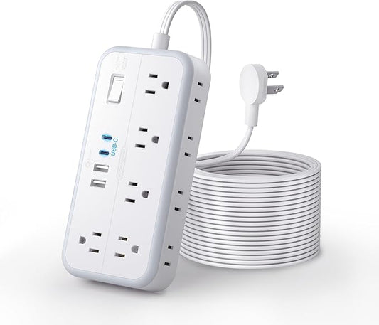 Flat Extension Cord 15 FT, NTONPOWER Surge Protector Power Strip with 10 Widely Outlets 4 USB Ports (2 USB C), 3 Side, Overload Protection, 2700J, Wall Mount, Multiple Outlets for Home Office, White