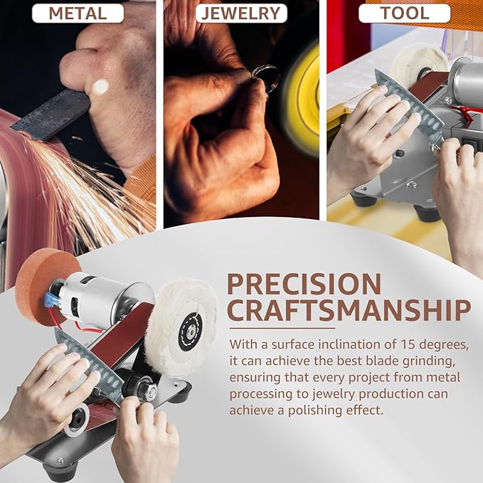 Mini Belt Sander,15 Degree Electric Belt Grinder,7 Adjustable Speed Electric Knife Polishing Sharpener Machine,Heavy Duty Electric Sander w/30 Sanding Belt,Electric Grinding Machine for Metal Jewelry