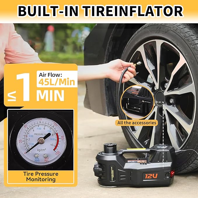ROGTZ Electric Car Jack kit 5 Ton 12V Car Jack Hydraulic Jack with Impact Wrench and Tire Inflator Pump, Car Lift Floor Jack for SUV Sedans Tire Change with LED Light (Black)