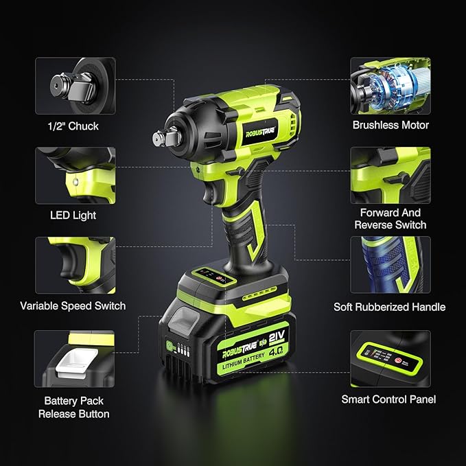 Cordless Impact Wrench, 406Ft-lbs (550N.m) Brushless 1/2 inch Impact Wrench, 2800RPM High Torque Impact Gun, 2x 4.0Ah Battery, Charger, 4 Sockets, Electric Impact Wrench for Car Home