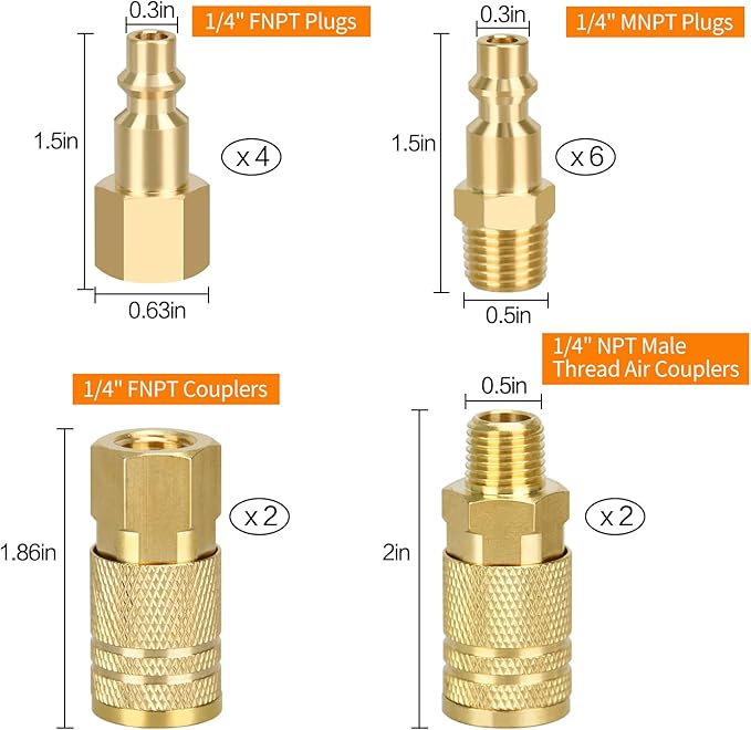 Air Coupler and Plug Kit, 14pcs Air Coupler and Plug Kit, 1/4 Inch NPT Industrial Brass Air Hose Fittings, Quick Connector Air Fittings for Automotive and Home (14pcs Coupler and Plug Kit)