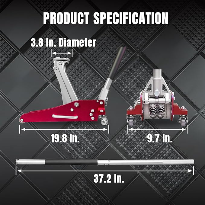 BIG RED AT815016LR Torin Hydraulic Low Profile Aluminum and Steel Racing Floor Jack with Dual Piston Quick Lift Pump, 1.5 Ton (3,000 lb) Capacity, Red