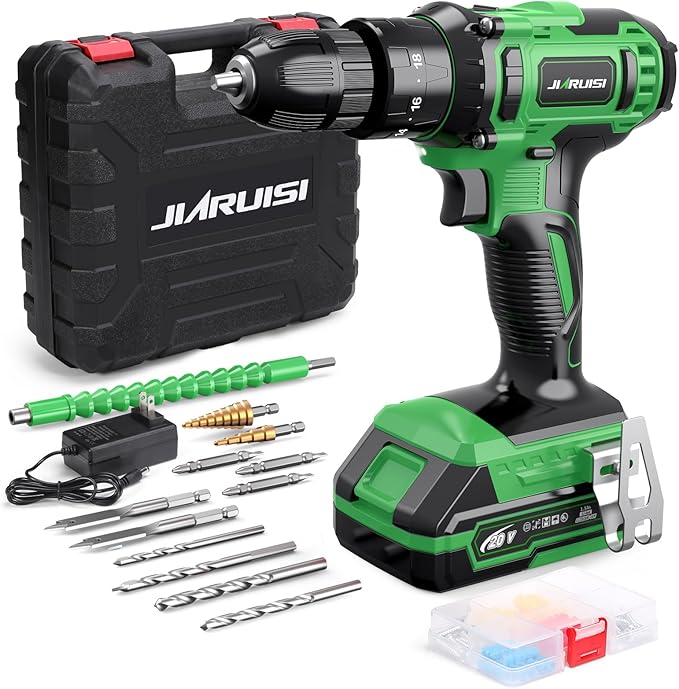 Power Drill Cordless, 20V Cordless Drill, Electric Power Drill Set with 1 Battery & Charger, 3/8” Keyless Chuck, 2 Variable Speed, 18+3 Torque and 72pcs Drill/Driver Bits, Green
