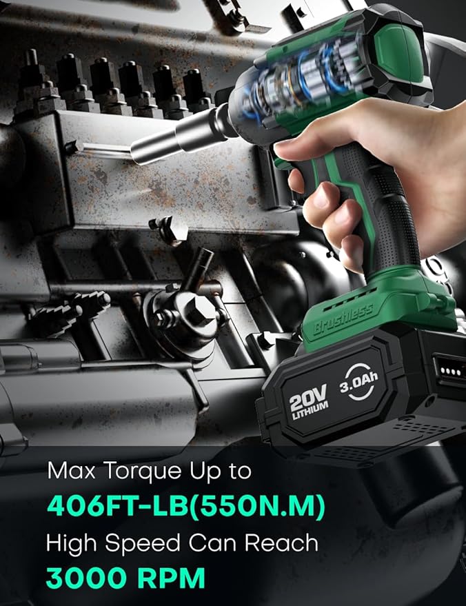 KIMO Cordless Impact Wrench, 550N.m/406ft-lbs, 7Sockets,3Inch Extension Bar, High Torque Impact Brushless Wrench with 3/8" Chuck, 3000 RPM, 3000mAh Li-ion Battery, Charger, Power Impact Wrench for Car