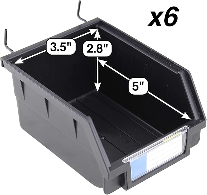 Pegboard Bins - 6 Pack Black Large - Hooks to Any Peg Board - Organize Hardware, Accessories, Attachments, Workbench, Garage Storage, Craft Room, Tool Shed, Hobby Supplies, Small Parts