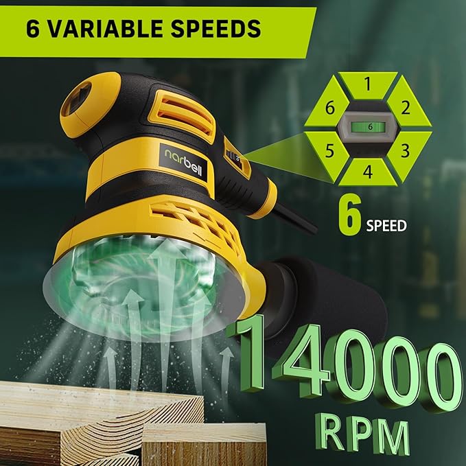 Orbital Sander 3.0AMP(360W),14000RPM Random Orbit Sander Tool with 6 Variable Speeds, 5" Electric Palm Sander Kit with Dust Bag,15pcs Sandpapers for Woodworking & Sanding，Yellow