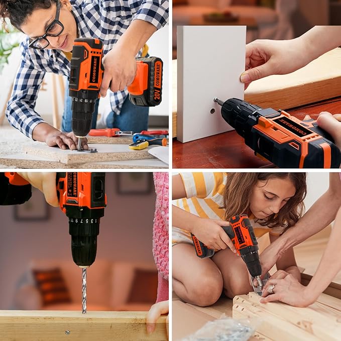 COMOWARE Home Tool Kit with Drill, 171PCS Household Tool Kit with 20V Cordless Power Drill, Home Repairing Tool Power Drill Sets with Orange Storage bag for DIY Home Maintenance
