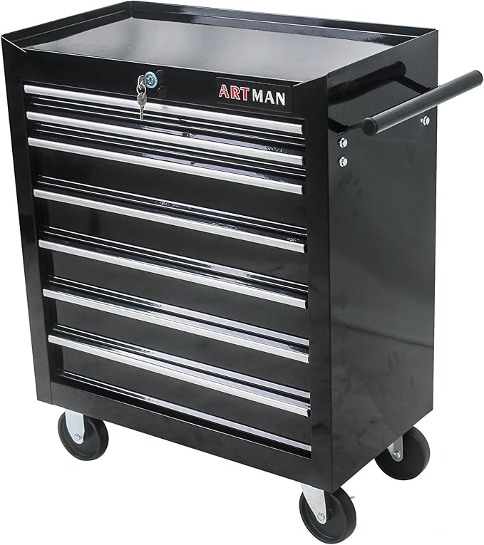Rolling Tool Chest Metal Tool Box with Wheels Tool Cabinet Craftsman Tool Cart on Wheels Tool Box Portable Tool Box with Wheels 7 Drawers Multifunctional Tool Cart with Wheels, Black