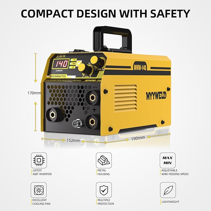 Mig welder, MYYWELD 140 MIG/Stick/Lift TIG 3 in 1 Welder 110V Gasless Flux Core Wire Welding Machine No Gas IGBT Inverter (MWM140)