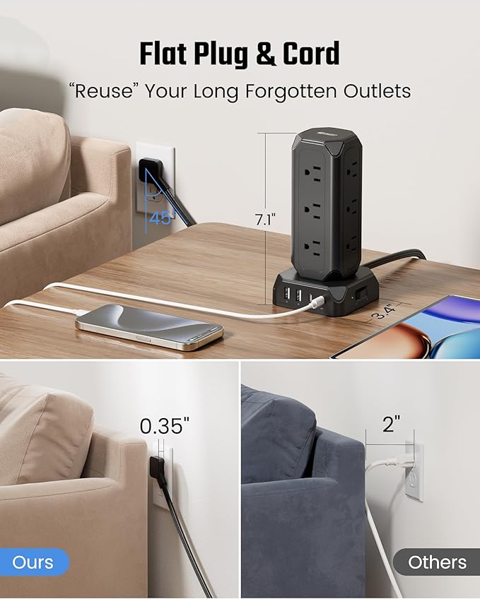 Black Power Strip Tower, SUPERDANNY 12 Outlets with 35W USB(2 USB-A & 2 USB-C) Charging Station, 1625W/13A, 1700J Surge Protector, 6.5ft Flat Plug Extension Cord with Multiple Outlets for Home, Office
