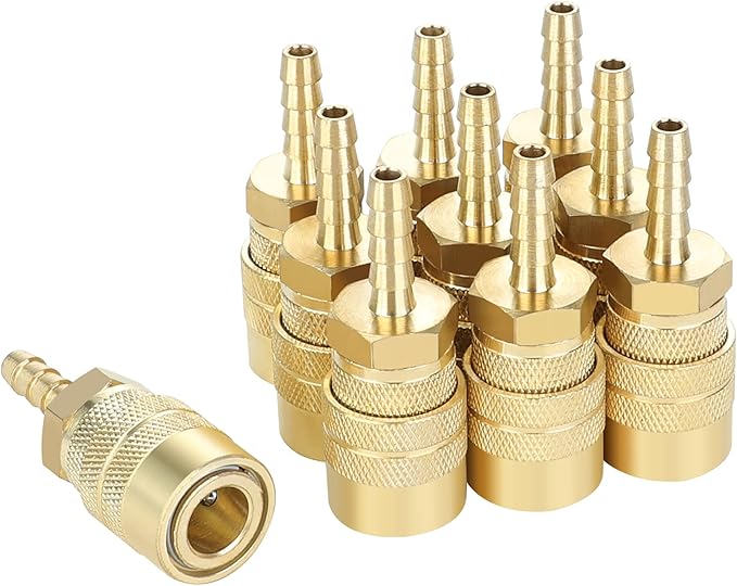 Air Coupler with 1/4 Hose Barb, Industrial M-Type, 1/4 Inch Body Size, Brass Material, 10 Pieces Air Compressor Hose Fittings