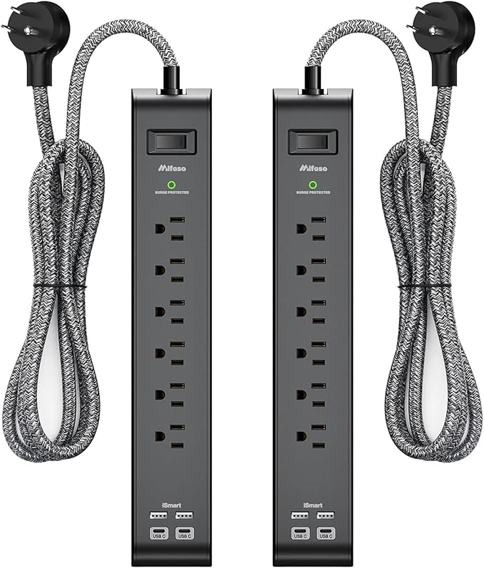 2 Pack Surge Protector Power Strip with 6 Outlets 2 USB Ports 5-Foot Long Heavy-Duty Braided Extension Cords Flat Plug 900 Joules 15A Circuit Breaker Wall Mount for Home Office ETL Listed