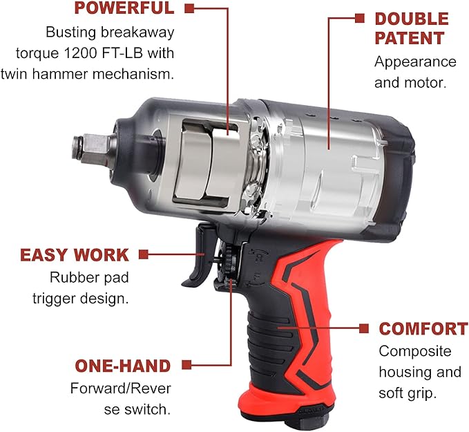 AEROPRO TOOLS 1/2-Inch Composite Air Impact Wrench(A301), Twin Hammer, 1200FT-LBS Max Loosening Torque, 7000RPM, Heavy Duty Pneumatic Impact Gun, for Auto Repair, Tire Shop