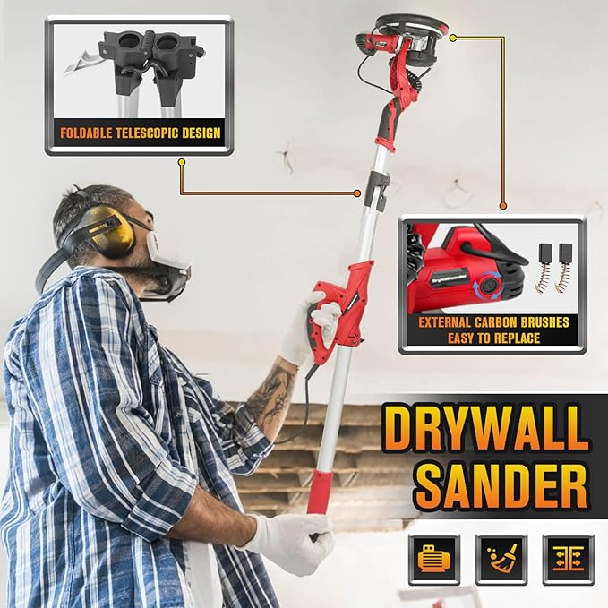 Drywall Sander with 5 Variable Speeds and Double-Deck LED，750W High Power - Ideal for grinding drywall, ceilings, interior walls, exterior walls,loose plaster