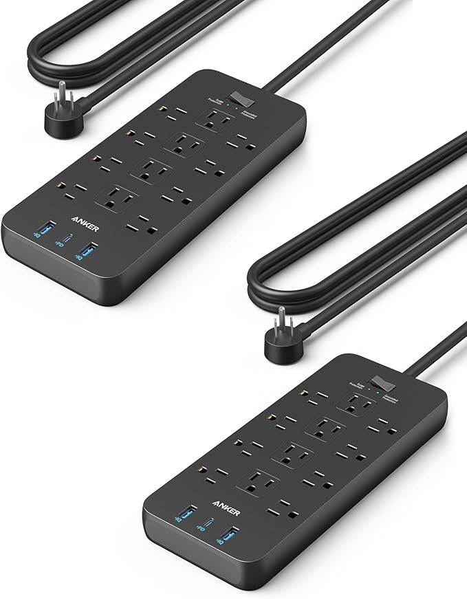 Anker (Pack of 2) Surge Protector Power Strip (2100J), 12 Outlets with 1 USB C and 2 USB Ports for iPhone 15/15 Plus/15 Pro/15 Pro Max, 5feet Extension Cord, Flat Plug, 20W for Home,Office,TUV Listed