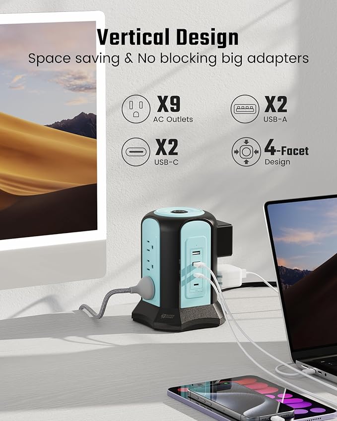 Power Strip Tower Surge Protector, SUPERDANNY Desktop Charging Station, 10 Ft Extension Cord, 9 Outlets, 4 USB Ports, 1080 Joules, 3-Prong, Grounded, Multiple Protections for Home, Office, Blue