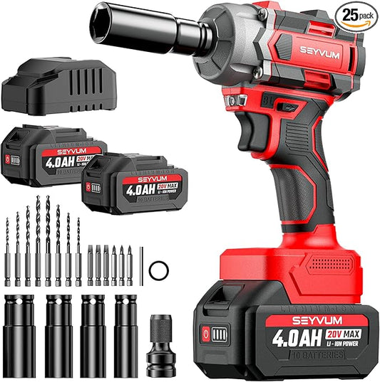 SEYVUM Cordless Impact Wrench, 1/2” Max Torque 440 Ft-lbs / 600 N.m Power Impact Gun, 20V 3000RPM Electric Impact Driver, 2 x 4.0Ah Battery, 5 Impact Sockets, 8 Dirlls & 6 Screws, Carry Bag Included