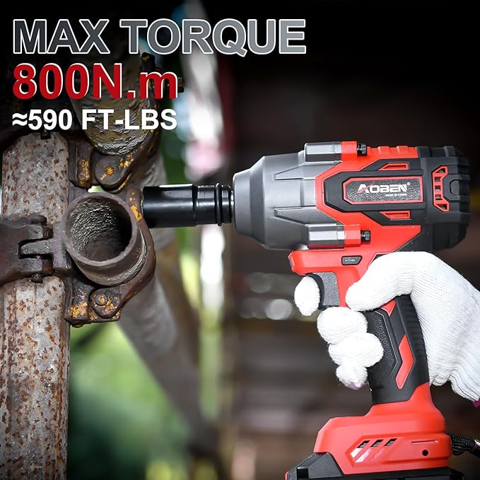 AOBEN Power Impact Wrench 800N.M, 1/2 Inch Cordless Impact Gun, High Torque 590 Ft-lbs Electric Impact Wrench Set with 2 X 4.0Ah Battery, Fast Charge, 6 Sockets, Tool Case