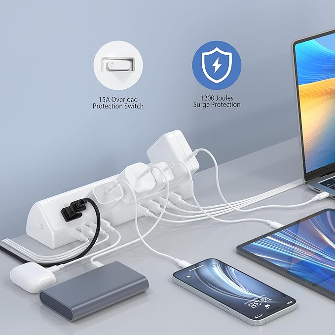 45W Fast Charging Station,Desk Clamp Power Strip,4 PD USB-C Ports,5 AC Outlets,Surge Protector Power Strip, 14AWG Heavy Duty Cord, Fits 1.9" Tabletop Edge (White, 6 FT Cable)