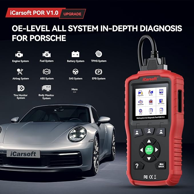 iCarsoft OBD2 Scanner POR V1.0 for Porsche/Cayenne/Macan/911, All System Diagnostic Tool Oil/SAS Reset Battery Test 10 OBD2/EOBD Modes CAN Car Scan Code Reader/ECU Coding/DTC/Live Data/Freeze Frame