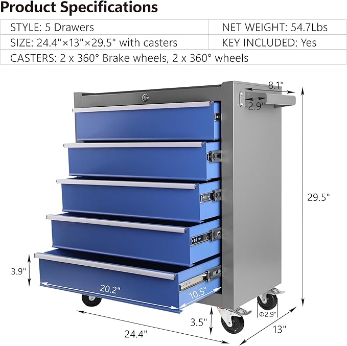 5 Drawers Rolling Tool Chest on Wheels with Keyed Locking System & Drawer Liners Tool Chest with Link Buckle and can be Combined to Large Cabinet Set for Warehouse & Garage,Blue+Grey