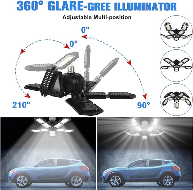 LED Garage Lights Bulb 10+1 Panels 2 Pack -200W, 20000LM 6500K Led Shop Light with 6+1 Deformable Panels, Ceiling Lights for Basement Barn Light Garage