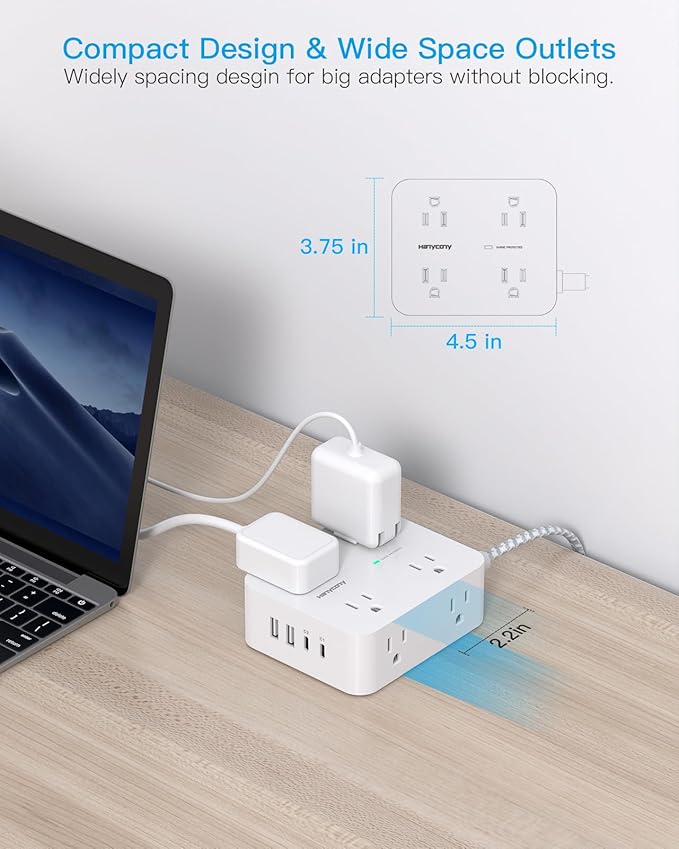 PD 30W USB C Power Strip 15Ft, 8 Outlets Surge Protector 4 USB Fast Charger (2 USB C Ports), 1080J Desk Charging Station for Multiple Devices, Flat Plug Extension Cord for College Dorm Room Essentials