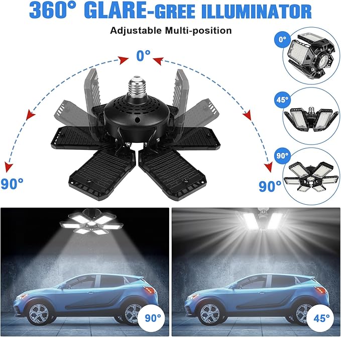 LED Garage Lights Bulb 2 Pack 180W 18000LM 6500K Led Shop Light with 6 Plus 1 Deformable Panels Basement Barn Ceiling Lights E26 and E27