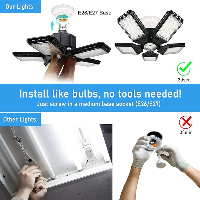 2Pack LED Garage Lights, 160W 16000LM LED Garage Ceiling Light 6500K LED Shop Light With 5+1 Deformable Panels, Screw in E26/E27 Socket LED Bulbs for Garage Basement Workshop Warehouse Barn Attic