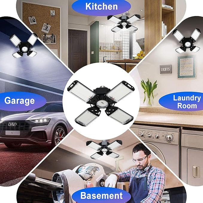 150W LED Garage Light, 15000 Lumen Garage LED Ceiling Lights with 4+1 Adjustable Panels, E26/E27 6500K Daylight LED Shop Light Bulb Fixture LED Lights for Garage, Workshop