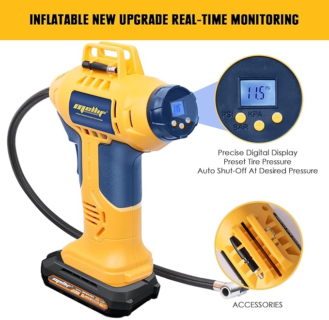 Mellif Tire Inflator Air Compressor Compatible with DeWalt 20V Max Battery, 160 PSI Cordless Portable Air Pump with Mellif 2.0Ah Battery & Charger, Digital Pressure Gauge for Car, Bike, Sport Ball