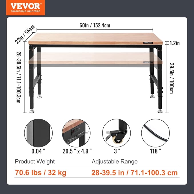 VEVOR Adjustable Workbench, 60" L x 22" W, 28"-39.5" Heights, 2000 lbs Load Capacity, Garage Worktable with Universal Wheels, Power Outlets & Hardwood Top & Storage & Foot Pads, for Office & Home