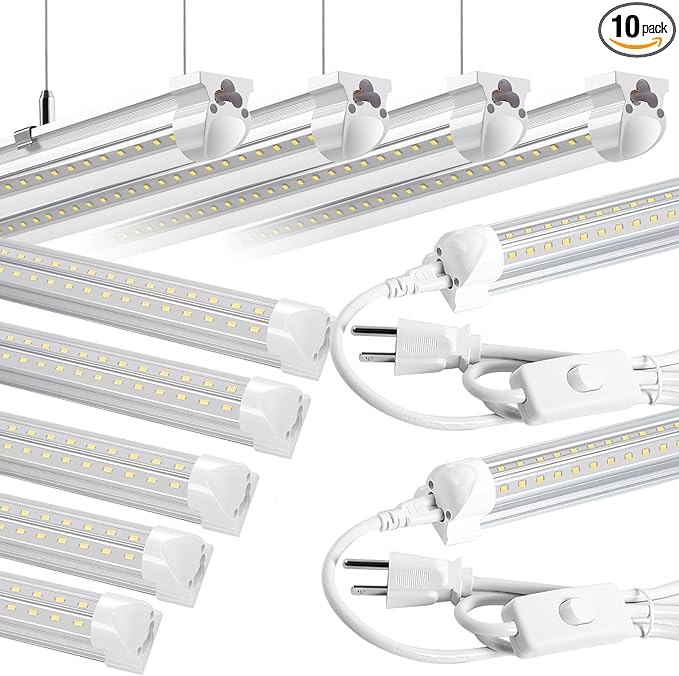 8FT LED Shop Light 10 Pack, Hanging/Surface Mount 6000K/White Light LED Tube Light, Plug & Play 72W 11520LM Super Bright High Output T8 LED Ceiling Lighting, Linkable Shop Lights for Garage