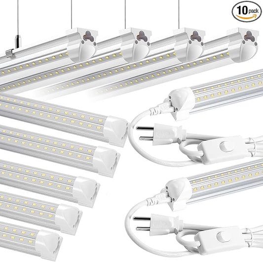 8FT LED Shop Light 10 Pack, Hanging/Surface Mount 6000K/White Light LED Tube Light, Plug & Play 72W 11520LM Super Bright High Output T8 LED Ceiling Lighting, Linkable Shop Lights for Garage